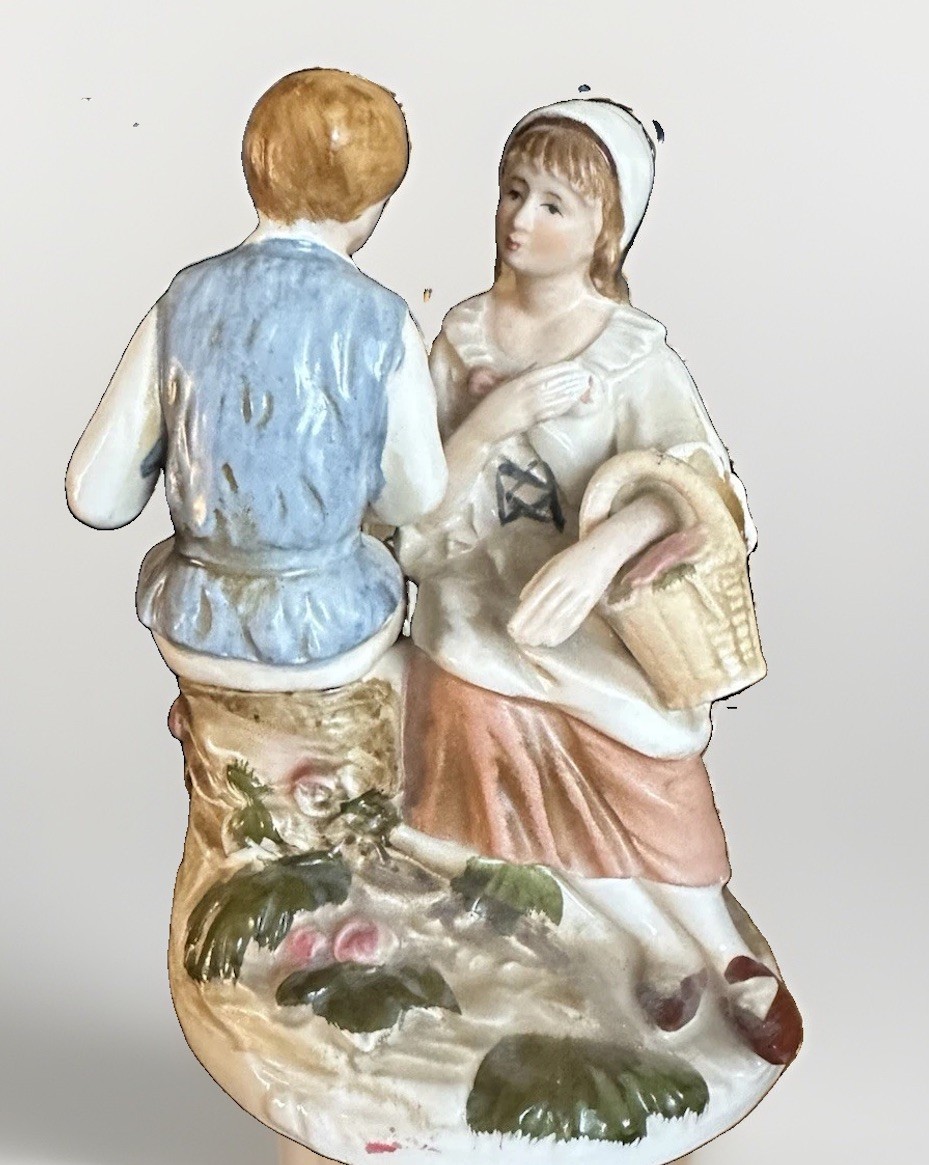 Ceramic Boy & Girl Figurine, Glossy Multicolor Floral Base with Basket & Flowers