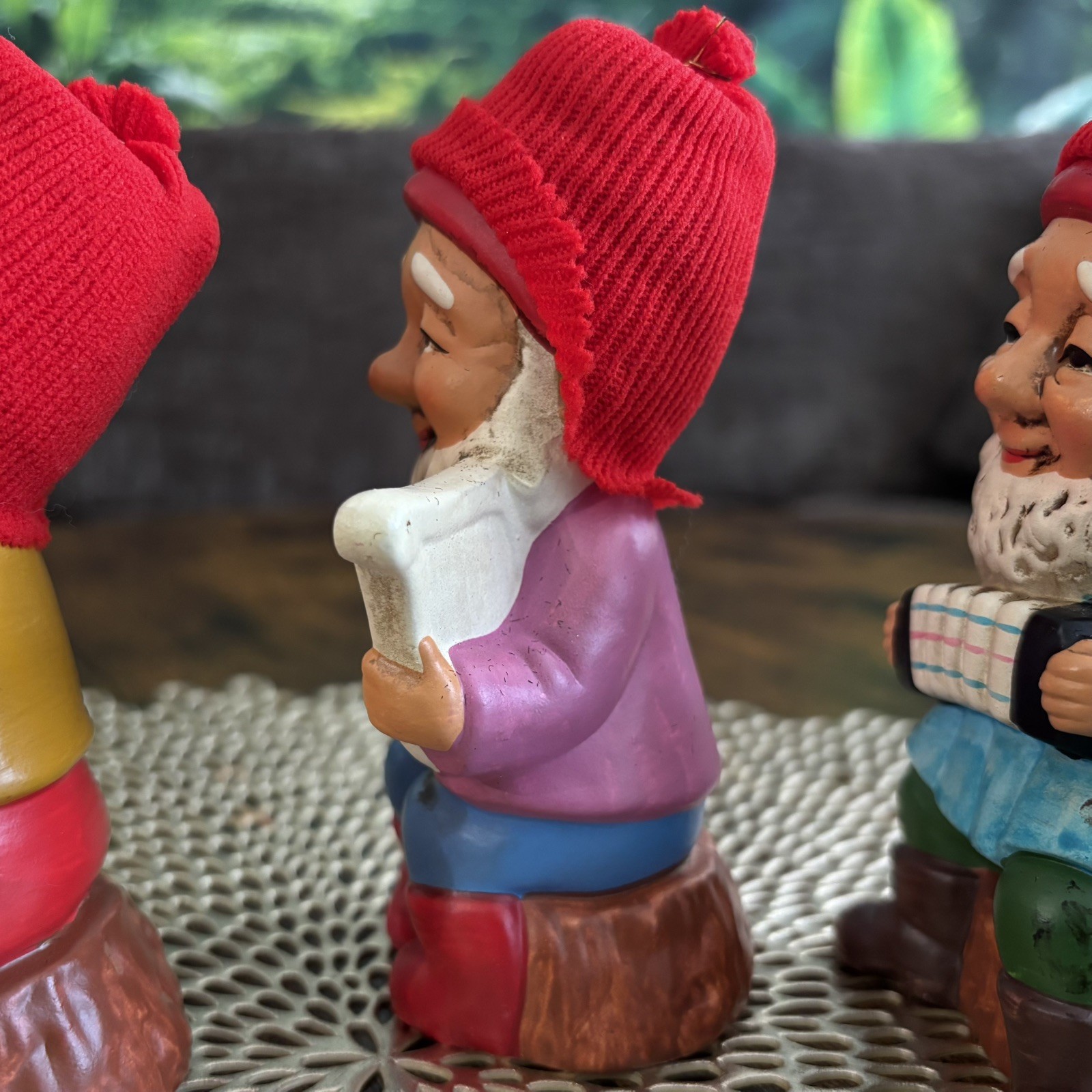 Vintage Figurines 3 Gnomes Playing Instruments Knitted Hats 5”