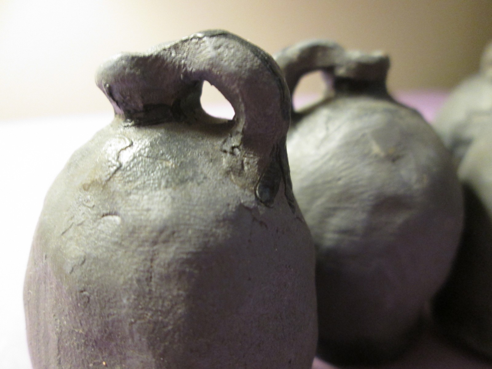 6 Mini Blossom Bucket Rustic Primitive Folk Art Gray & Black Urns Jugs Figurines
