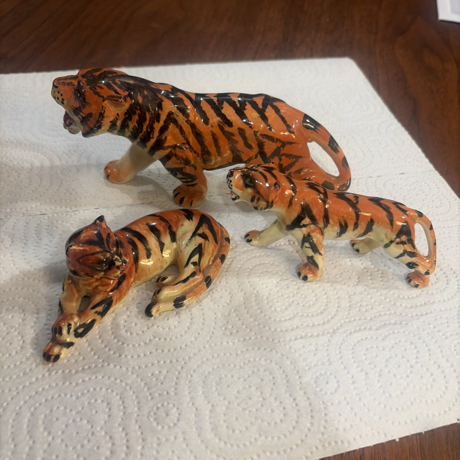 3 Vintage MCM Ceramic Hand Painted Decorated Tigers 4-6” Stripes