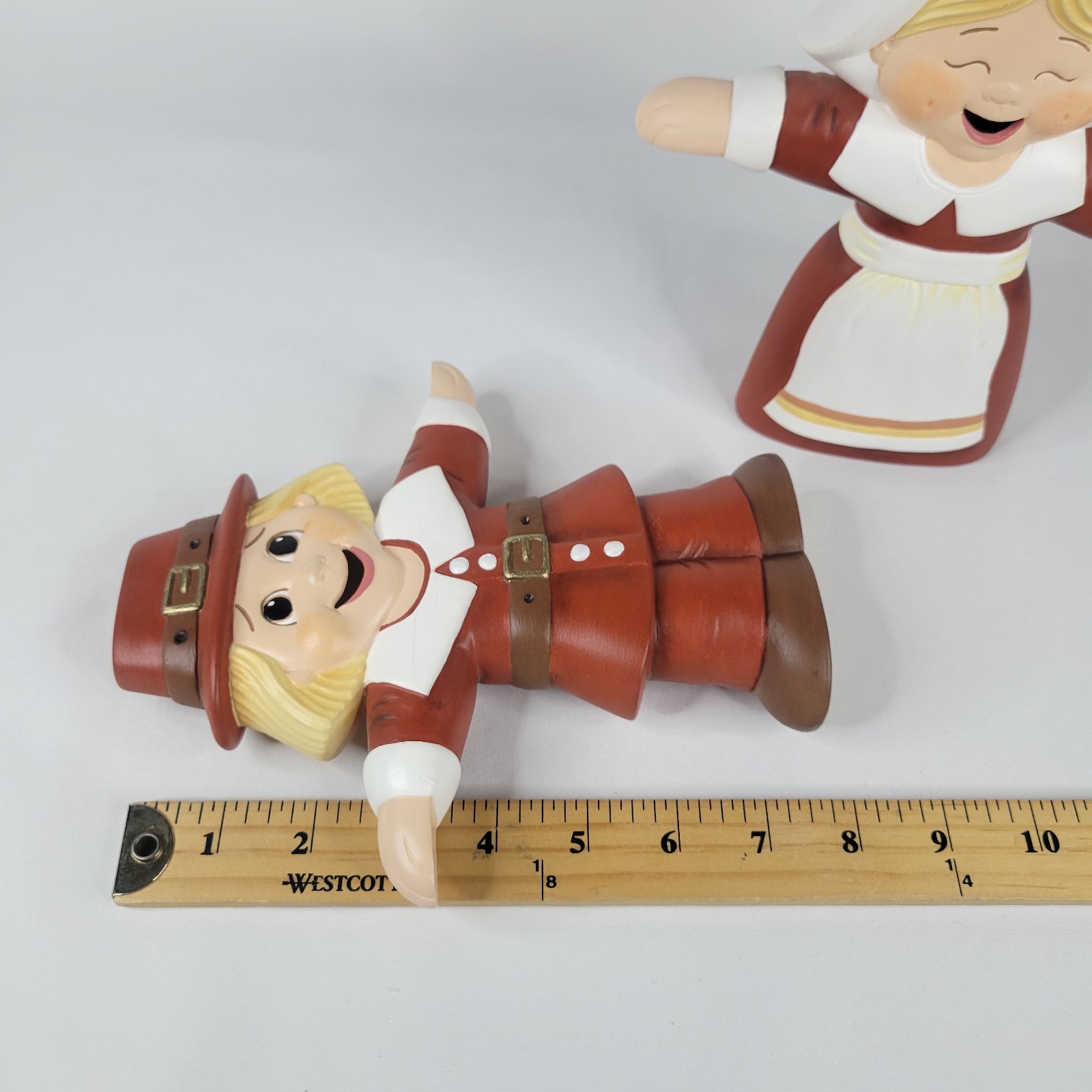 Vtg Set Ceramic Mold Figures Hand Painted 2 Sided Pilgrims Thanksgiving Boy Girl
