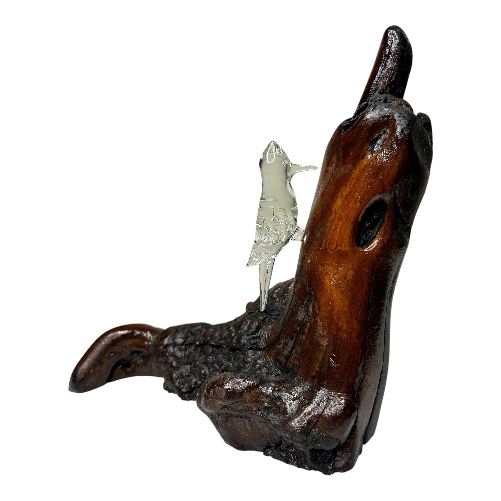Glass WOODPECKER on Burlwood Vintage Estate 8.5″ L x 8″ t Mothers Day