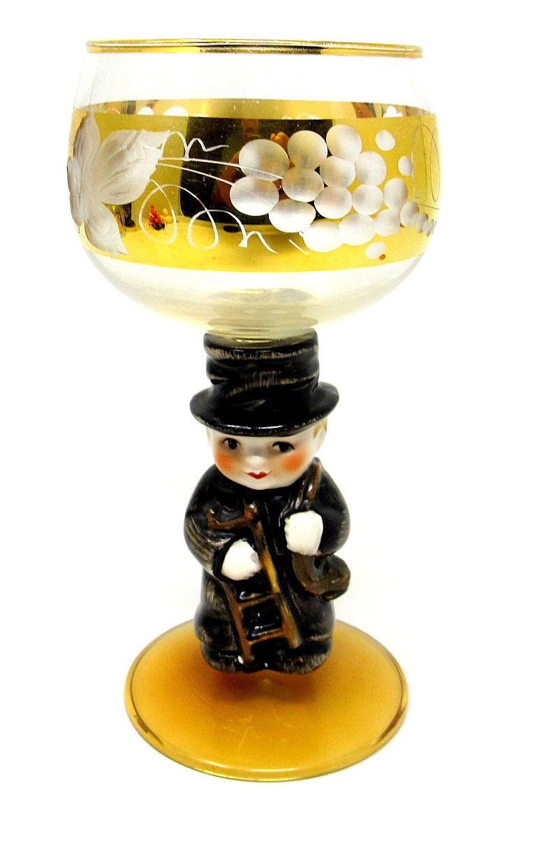 Chimney Sweep Wine Glass Goebel Bockling Porcelain 4oz Ladder Gold 6in Vintage