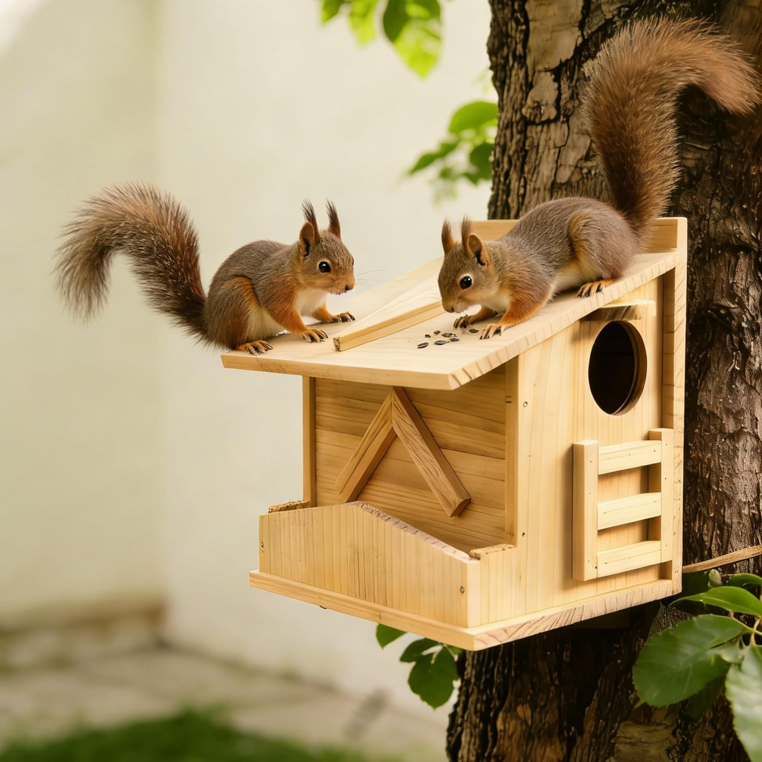 Natural Solid Wood Squirrel House with Feeding Shelf – Handmade Outdoor Nesting
