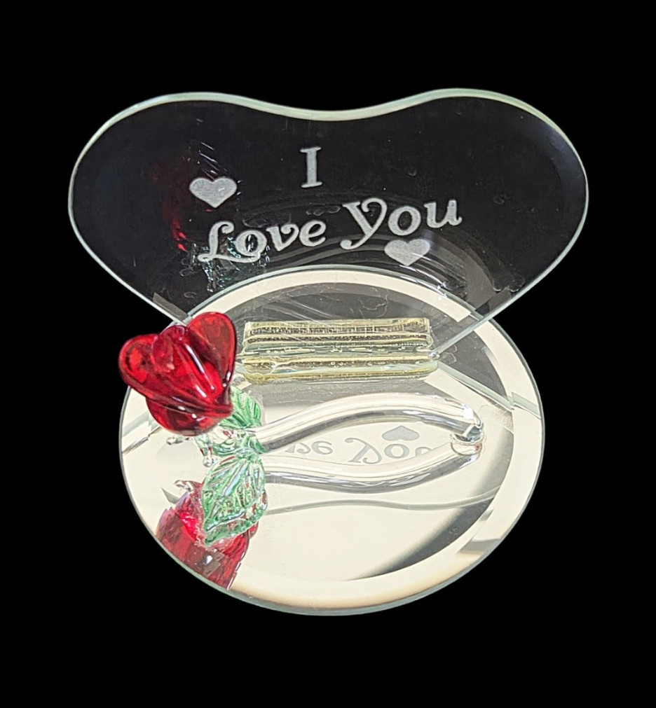 Clear Glass Heart With Crystal Single Stem Red Rose On Mirror Base Figurine