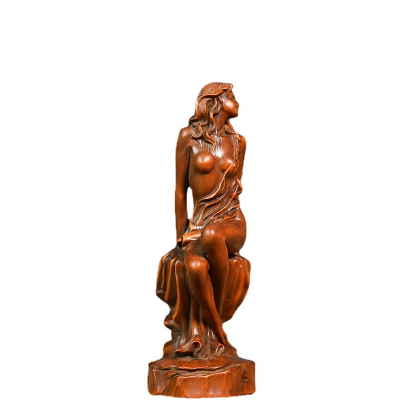 Chinese Boxwood Wood Carving Sexy Beautiful Woman Statue Wooden Sculpture Decor