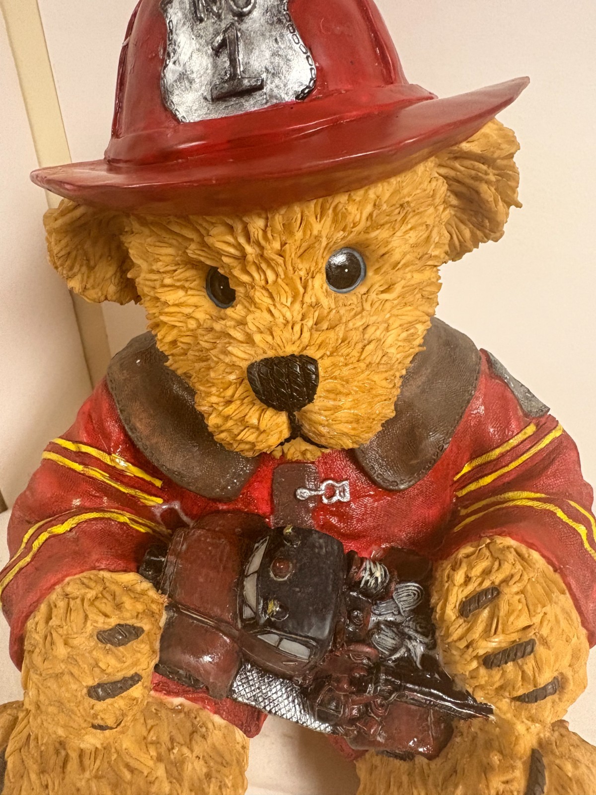 Vintage Large 10″ Resin Firefighter Teddy Bear Figurine W Fire Truck