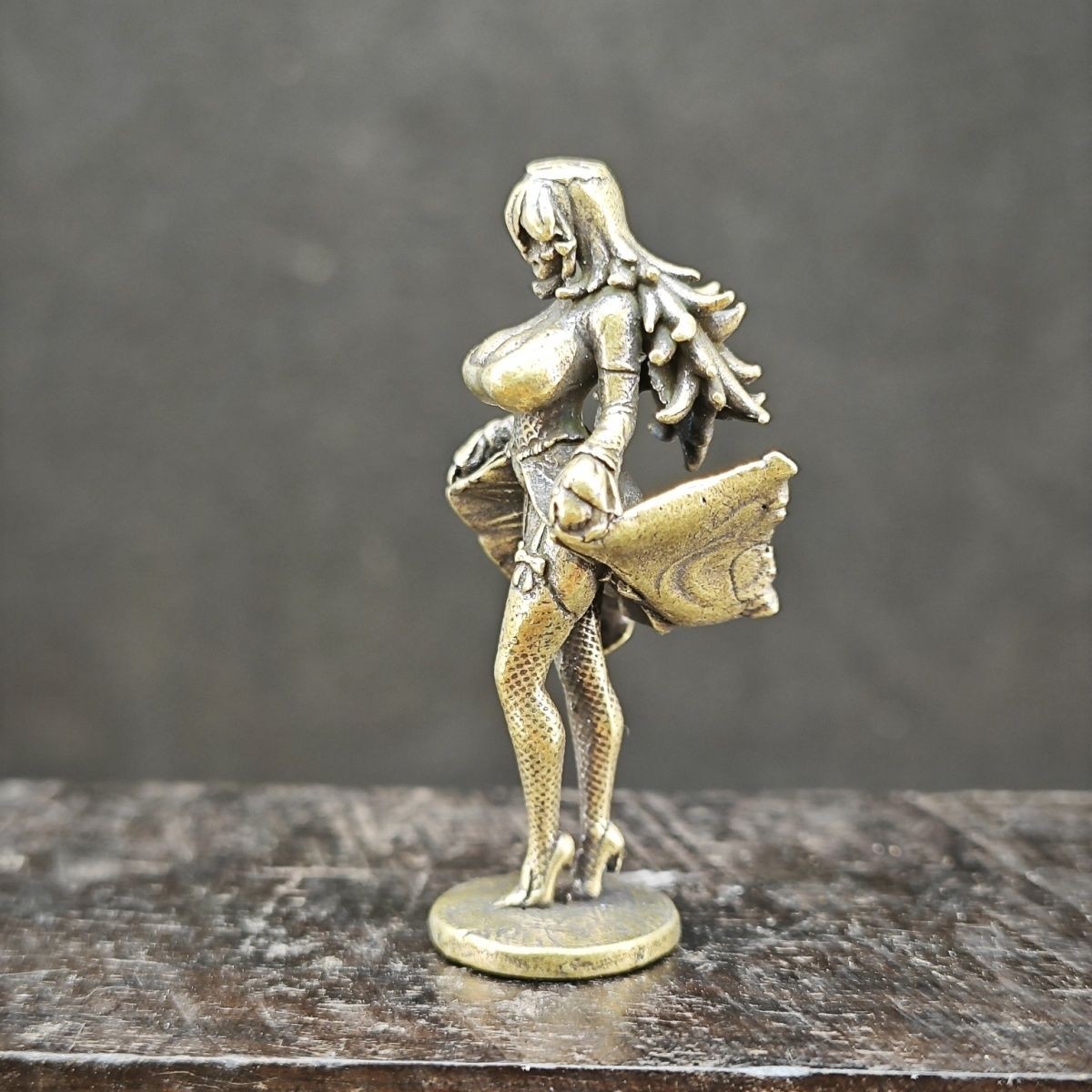 Brass Beauty Lifting Dress Mini Statue, Cute Anime Girl with Black Stockings