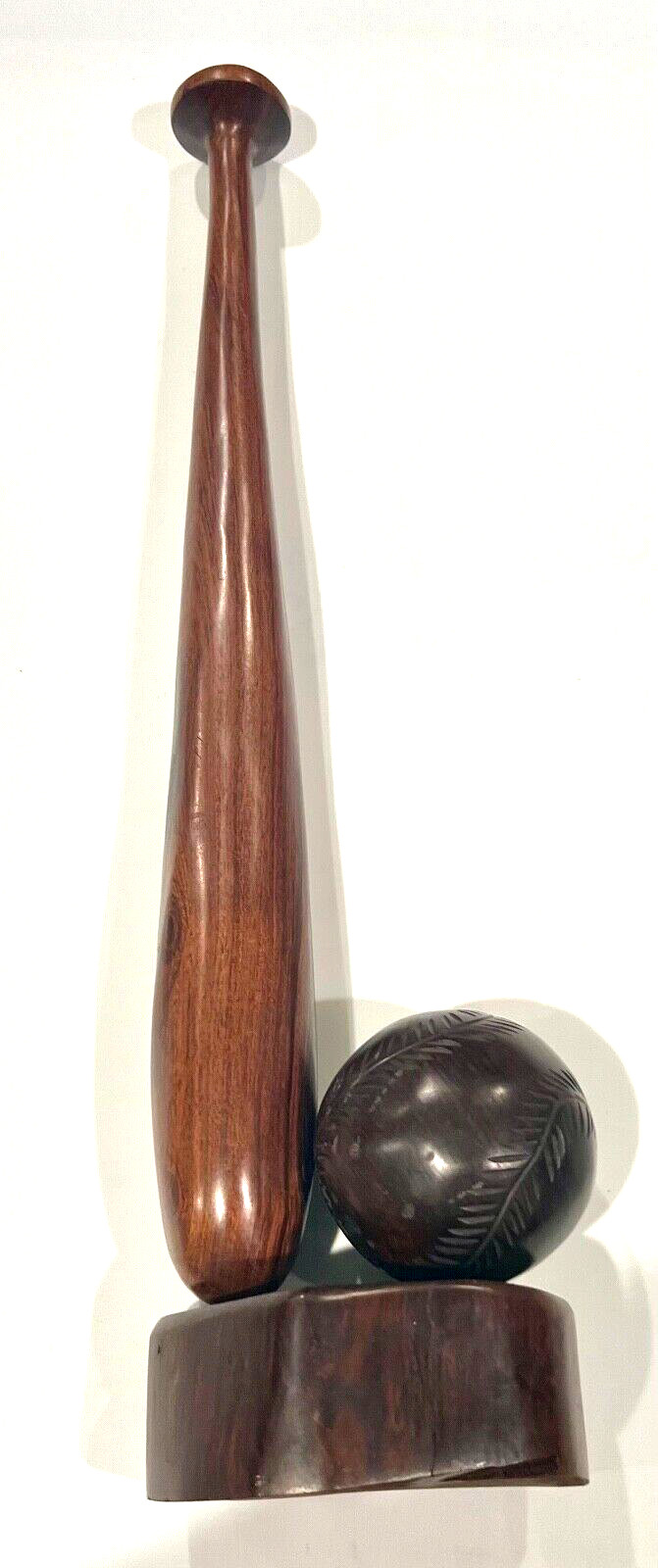 Vintage Mahogany Solid Wood Baseball & Bat Hand Carved Desk Decor Set 16″ H