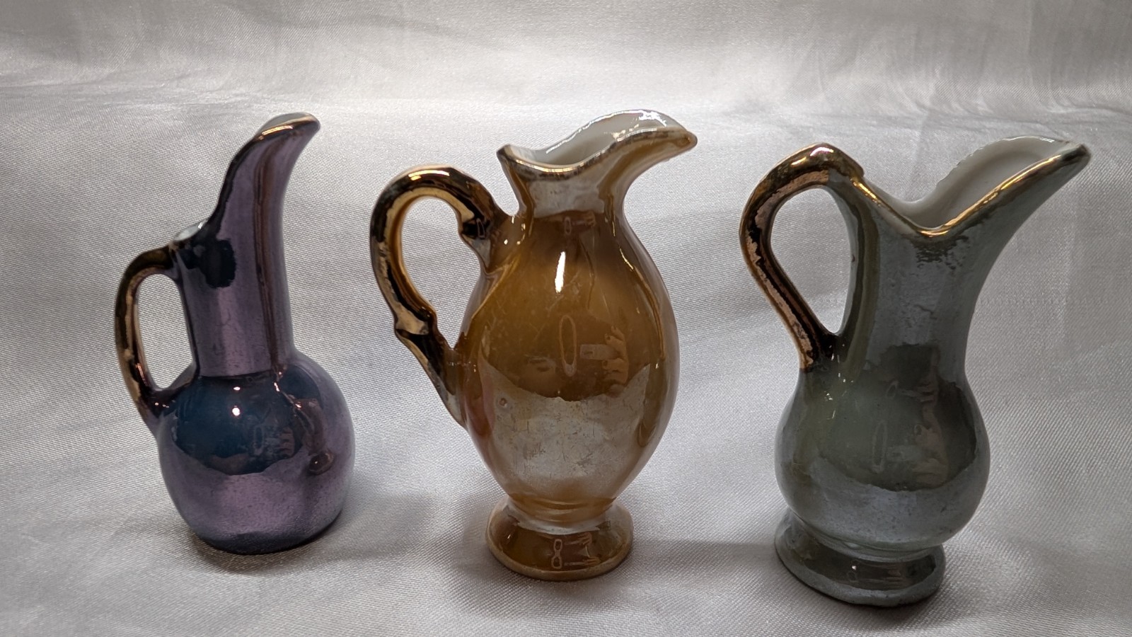 Vintage Miniature Lusterware Pitchers Set of 3 Iridescent Pastels Made in Japan