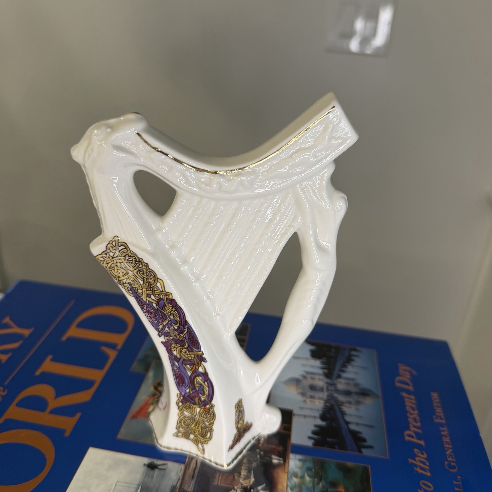 Vintage CRE Irish Porcelain Harp Figurine White With Purple And Gold