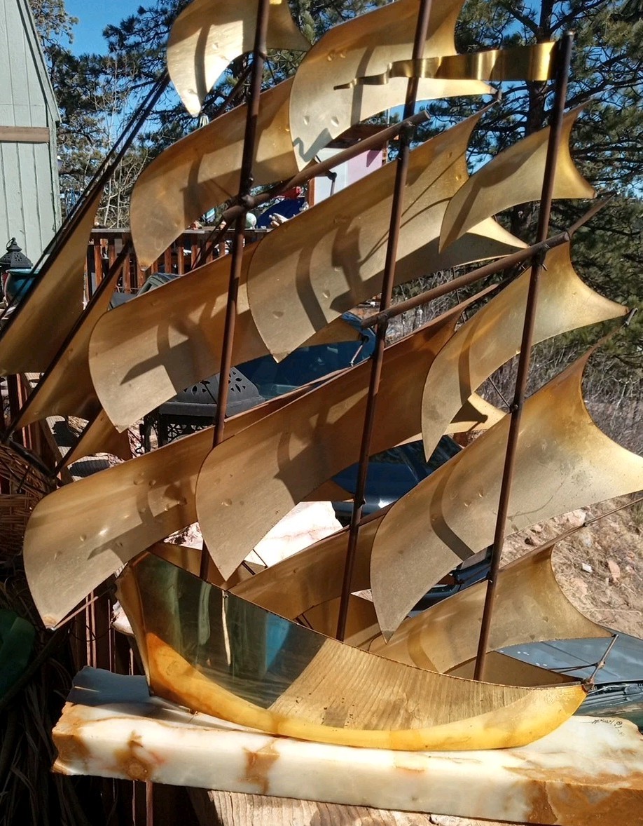 Vtg MCM Sculpture Sailing Ship DeMott Brass Copper Brutalist Signed Onyx 21.5″