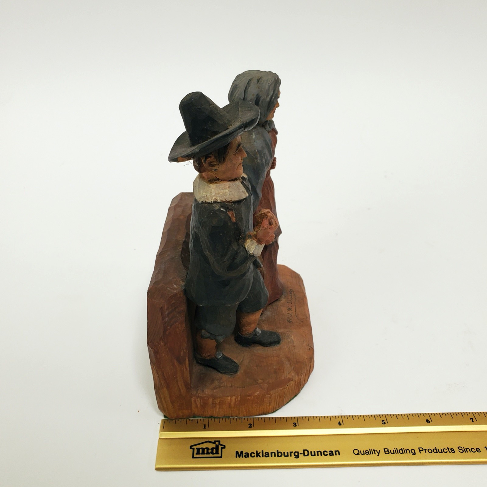 Vintage Hand Carved Pilgrim Couple Folk Art Figures Signed Mel W. Sisson 8″ x 5″