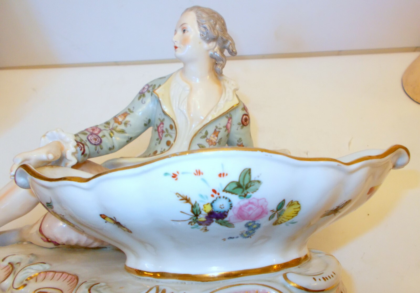 Antique CERAMIC FIGURE Sevres Meissen Style 18C Noble Tray Florals