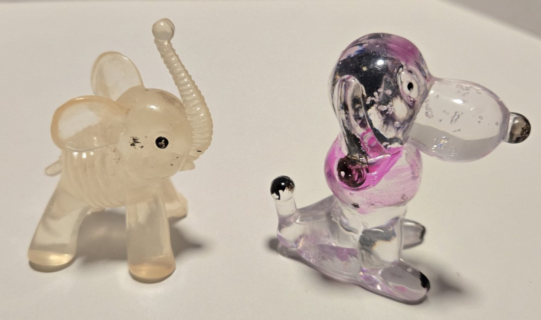 Vintage Clear Acrylic Lucite Animal Figures Snoopy Dog Elephant HEAVY PAINT WEAR