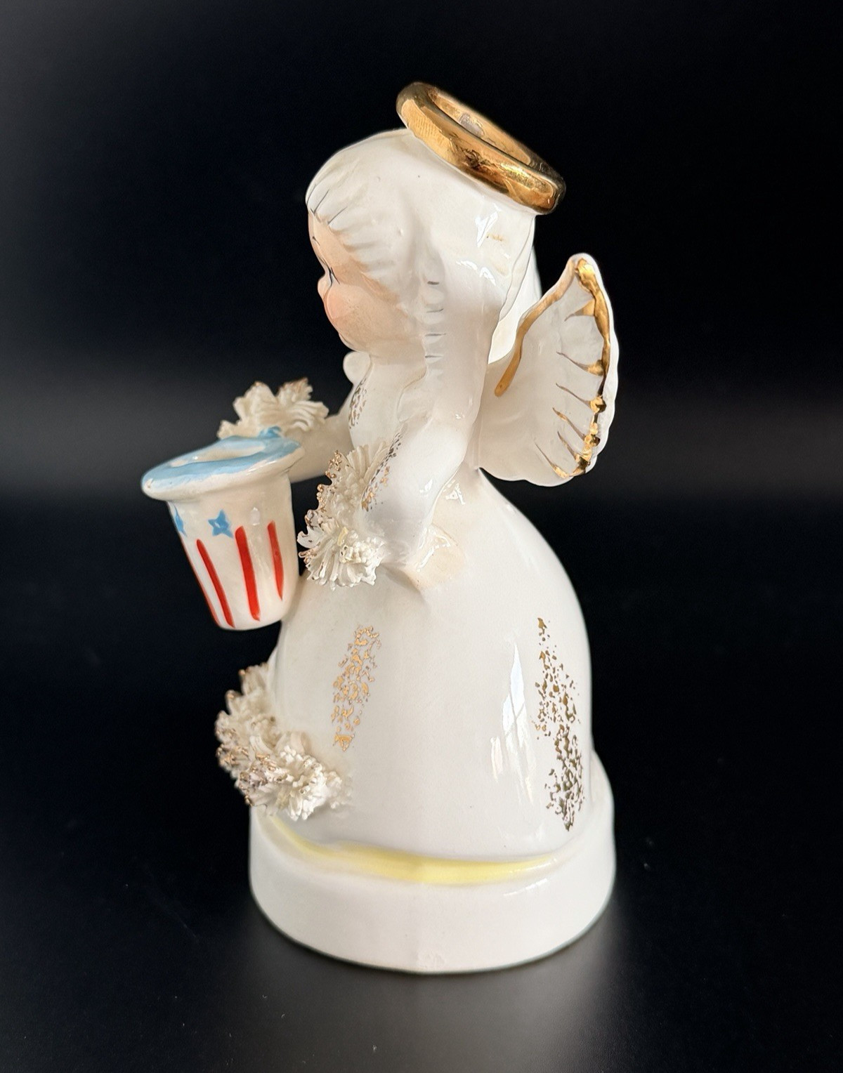 Vintage NAPCO 4th Of July Girl Angel Gold Spaghetti Trim A1367 Candle Holder
