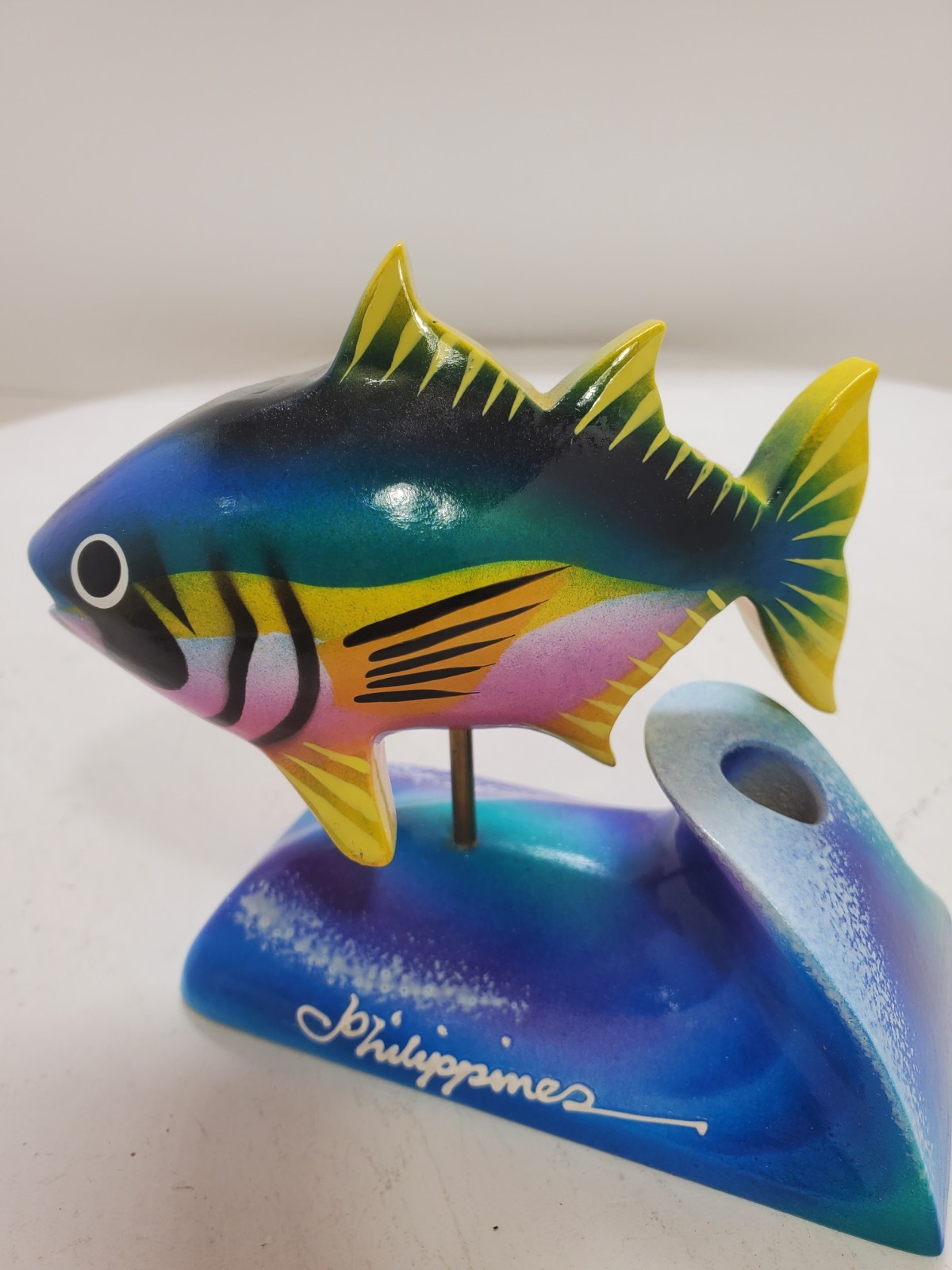 Colorful Philippines Hand Fish Wooden Painted Carved Vtg Pen Holder Art Decor