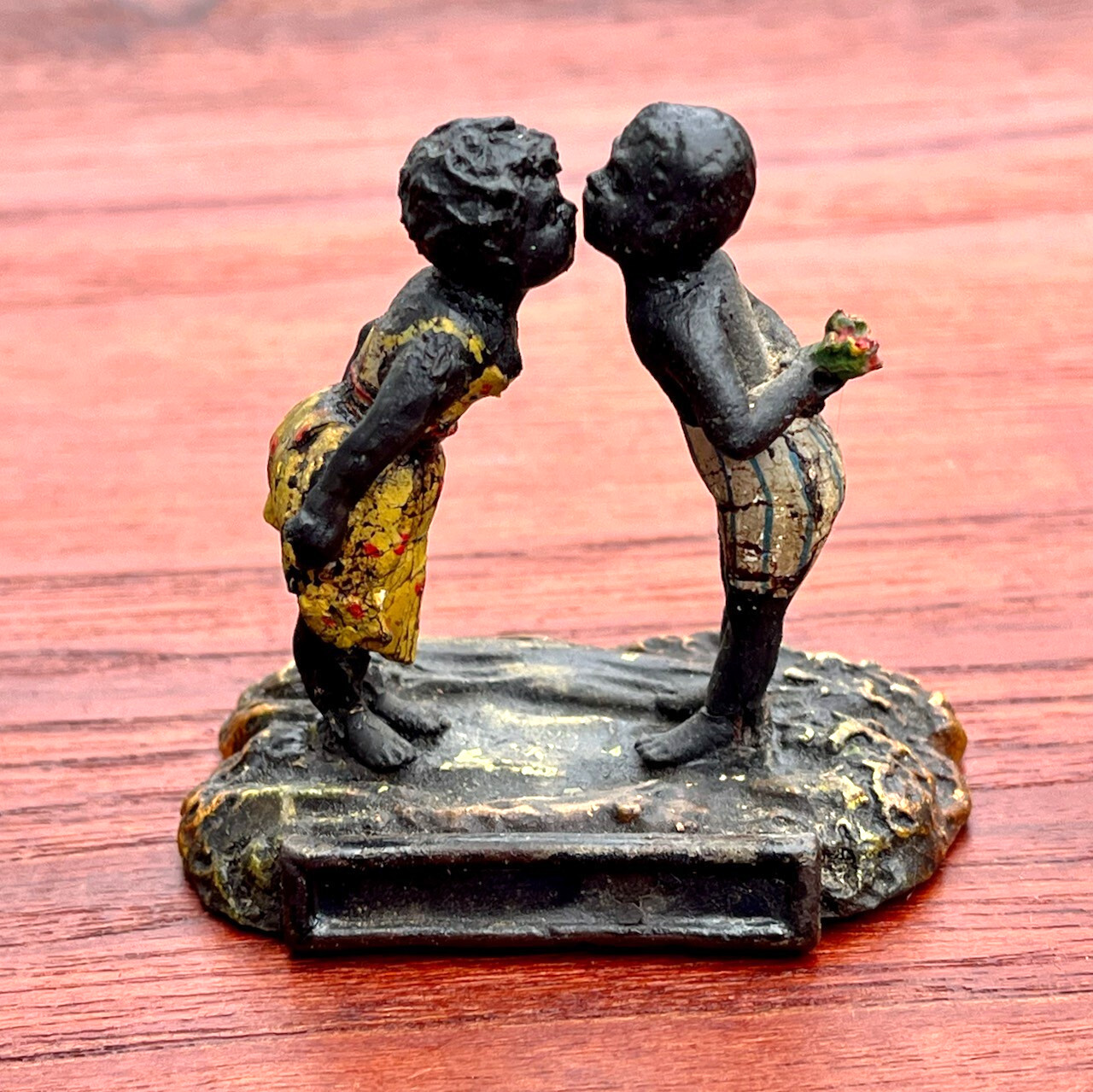 Antique Miniature Sculpture Boy Girl Kissing, Hand painted, Mixed Metals 1890s