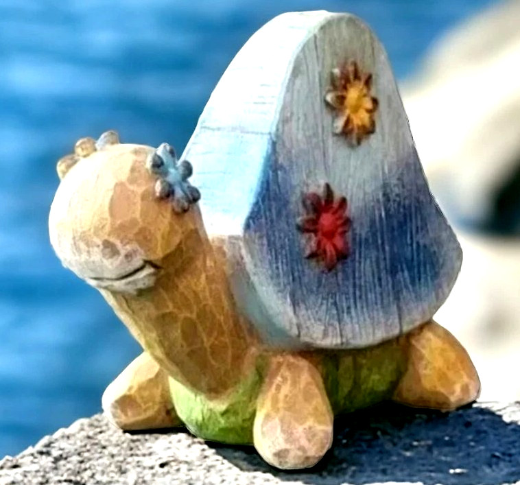 Turtle Folk Art Hand Painted Wood Figure Whimsical Art Piece Farmhouse