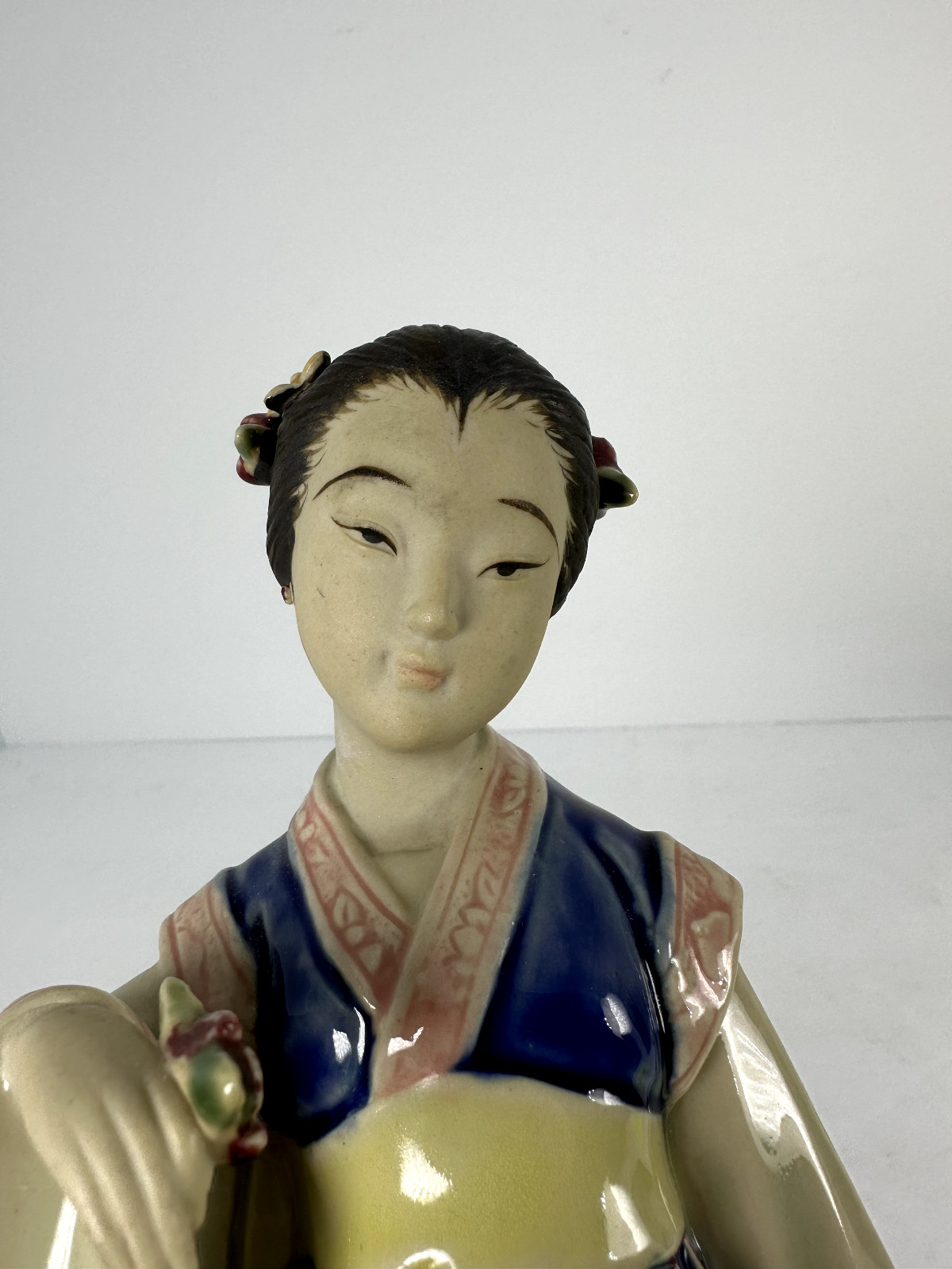 Vintage Japanese Ceramic Statue Girl with Flowers 10″ Tall Matte & Glossy Finish