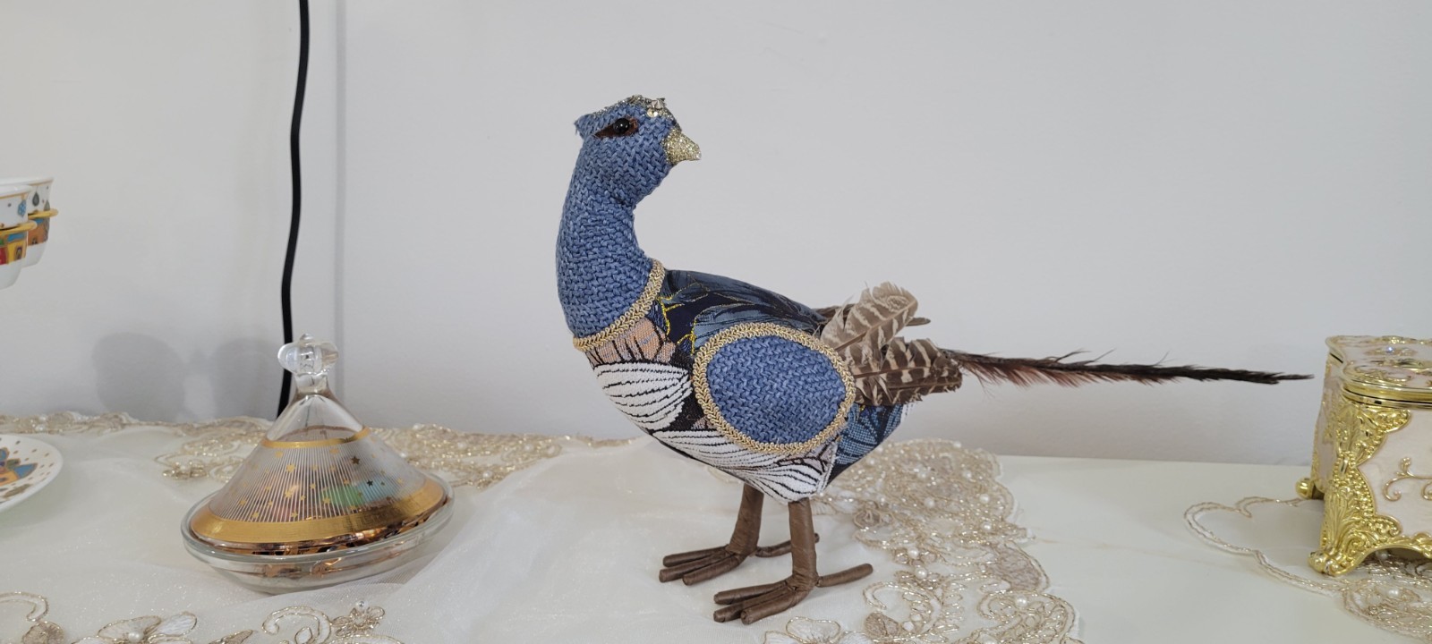 Hand Painted Blue and Gold Bird Figurine Fabric Feather Metal Handmade Sculpture