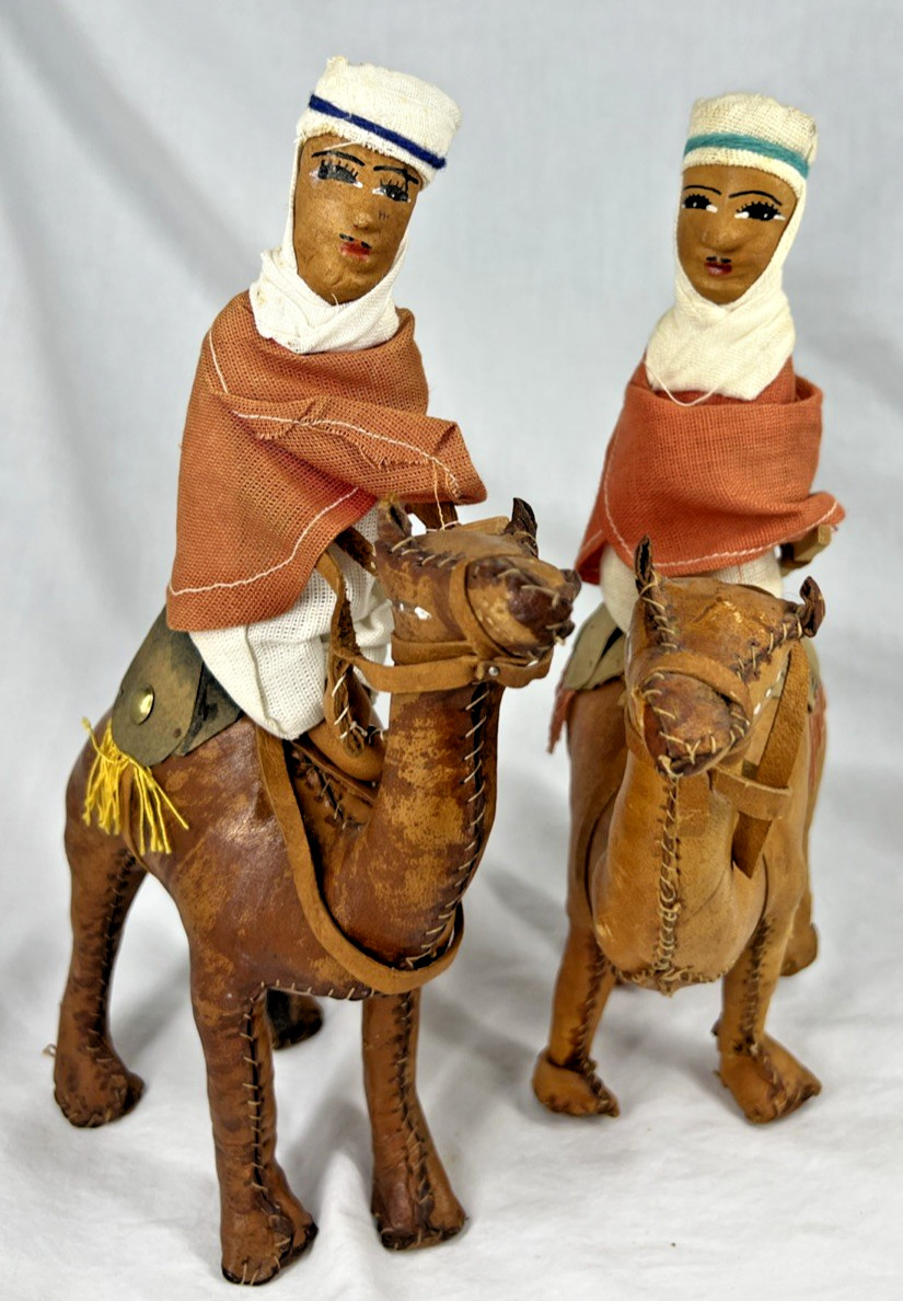 Lot of 2 Leather Bound Wrapped Camel Figure w/ Riders 10″