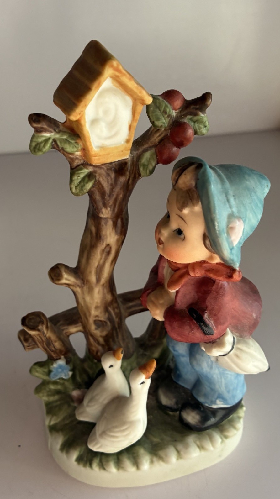 Vintage Boy with Tree and Bird House and Two Geese Ceramic Figurine