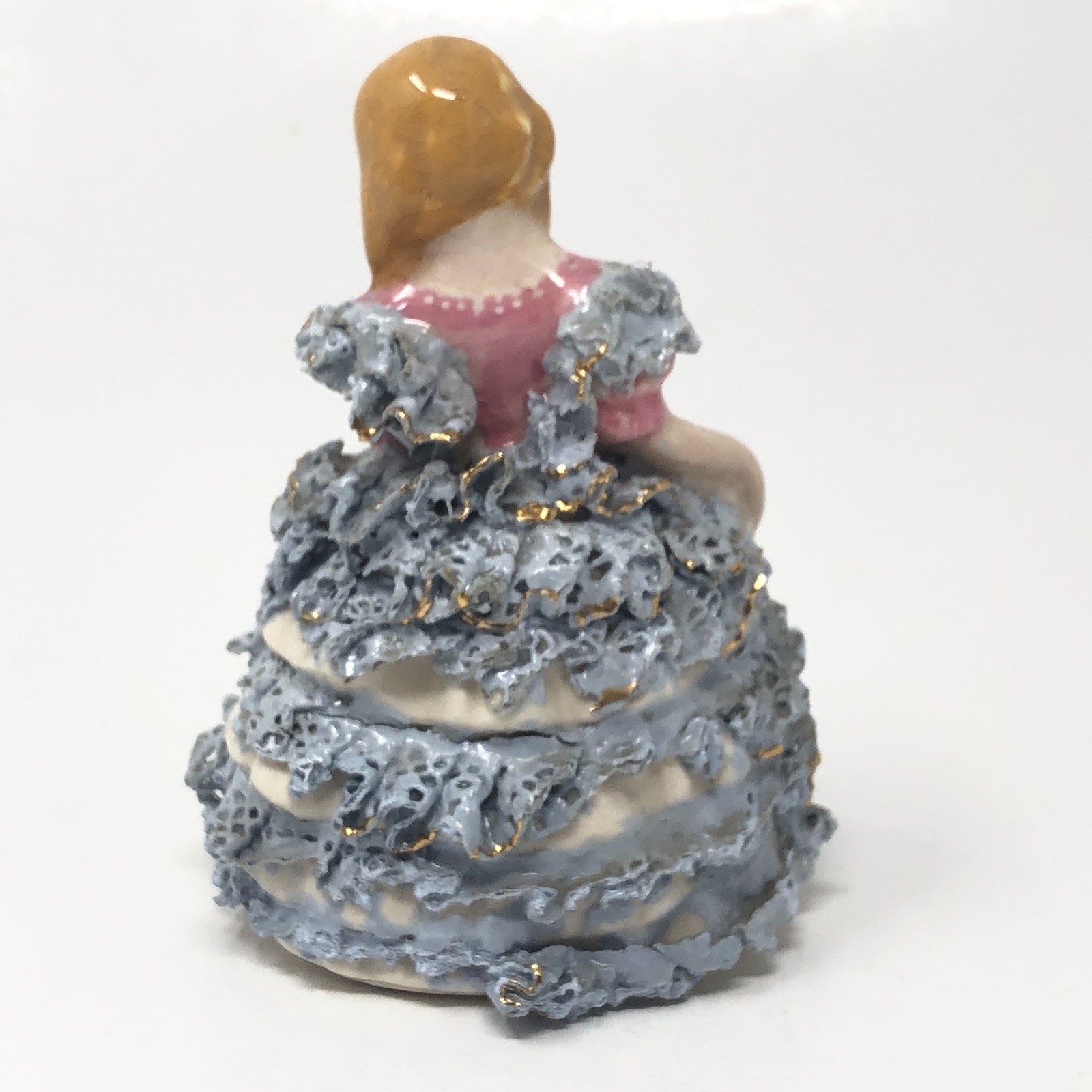 Vintage Porcelain Lace Girl Figurine Victorian Blond Pink Dress Blue Ruffle Gold