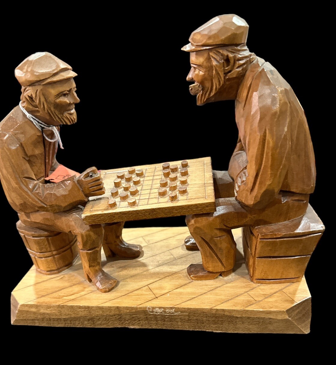 vintage Sculpture Wood Checkers Game Folk Art Canadian Artwork Caron Carving