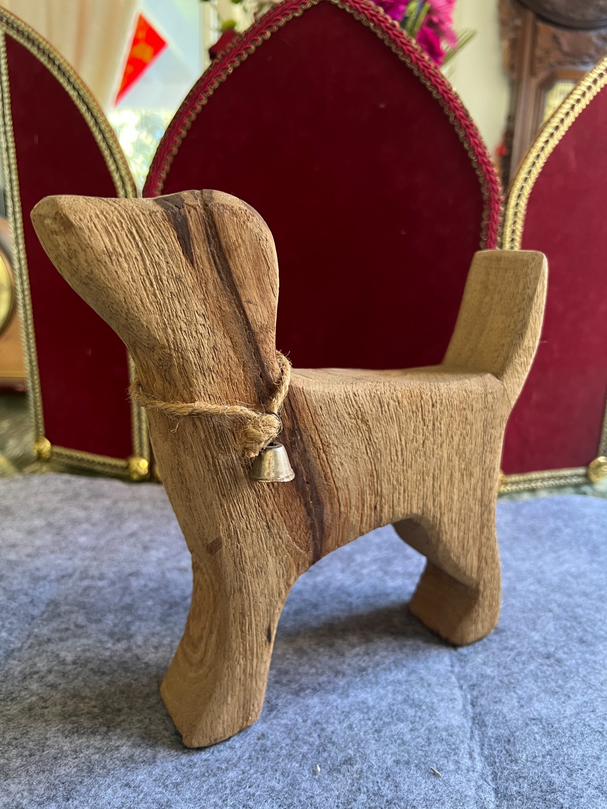 Hand Carved Wooden Dog Figurine Folk Art Rustic Sculpture Bell Decor 8″