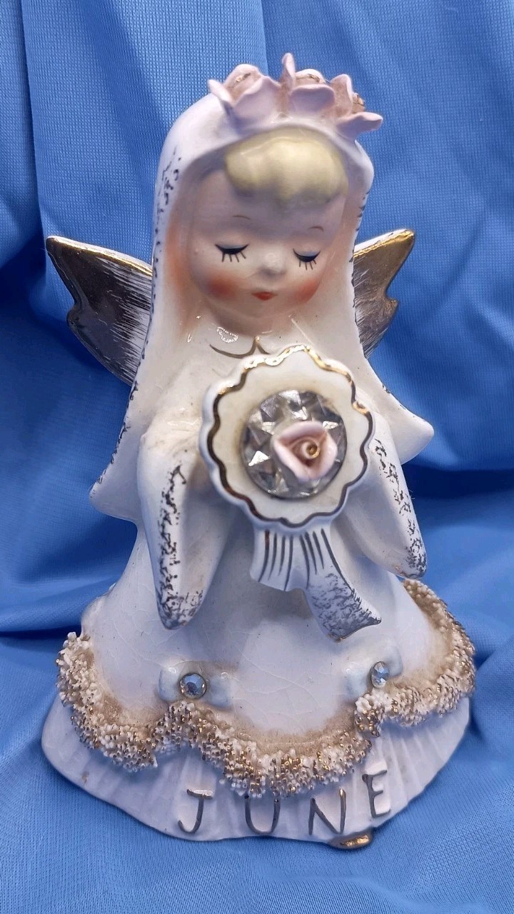 Lefton June Bride Birthday Angel Wedding Spaghetti Japan 1957 stones 1987J