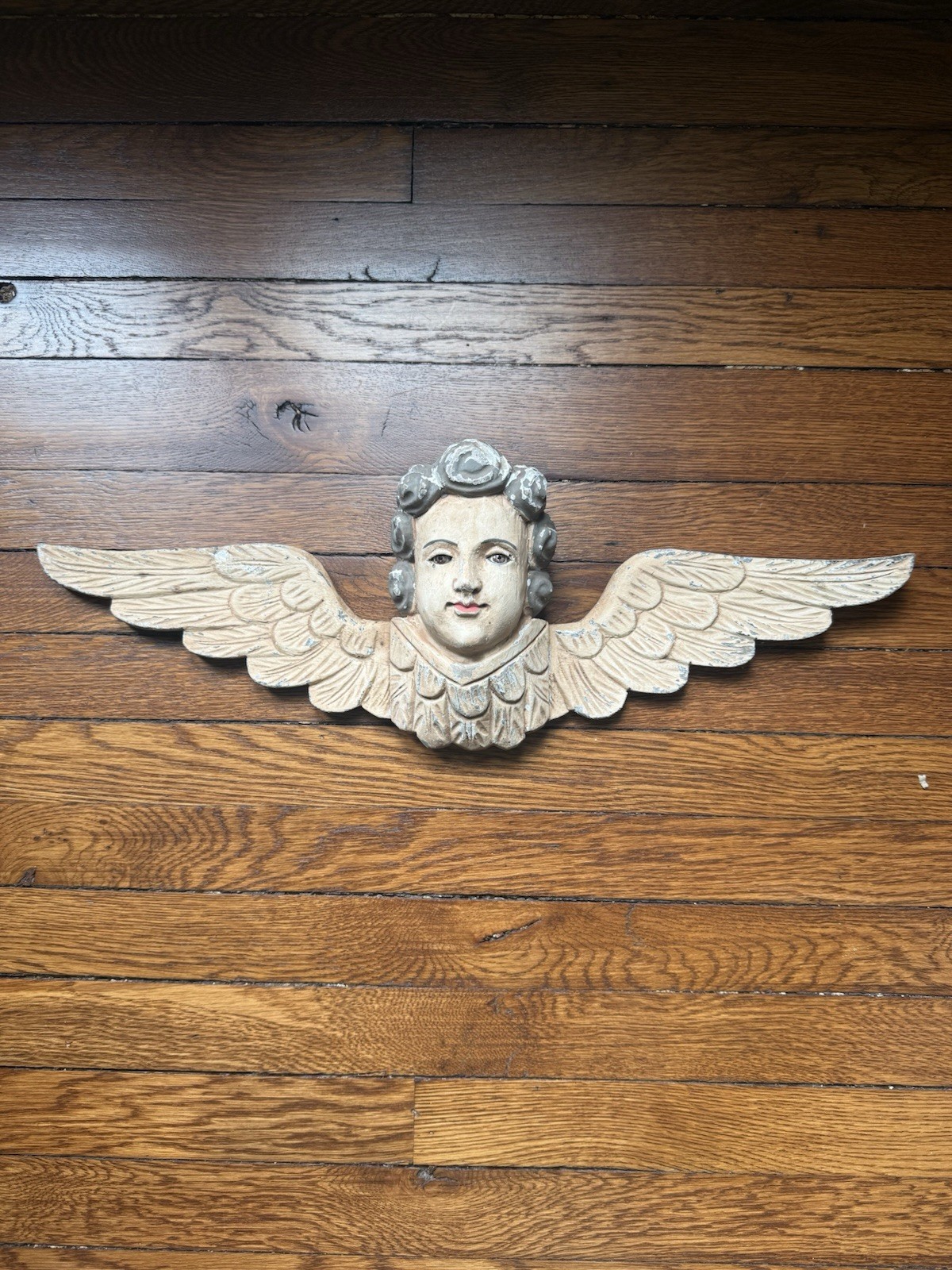 Antique Putti Angel Winged Cherub Italian Carved Wood 24” Sculpture Glass Eyes