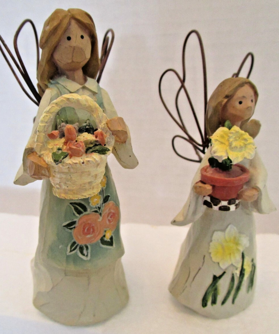 Pair Floral ANGEL ACCENTS Vintage Figurines (Roman Inc) Resin & Wire Sculptures