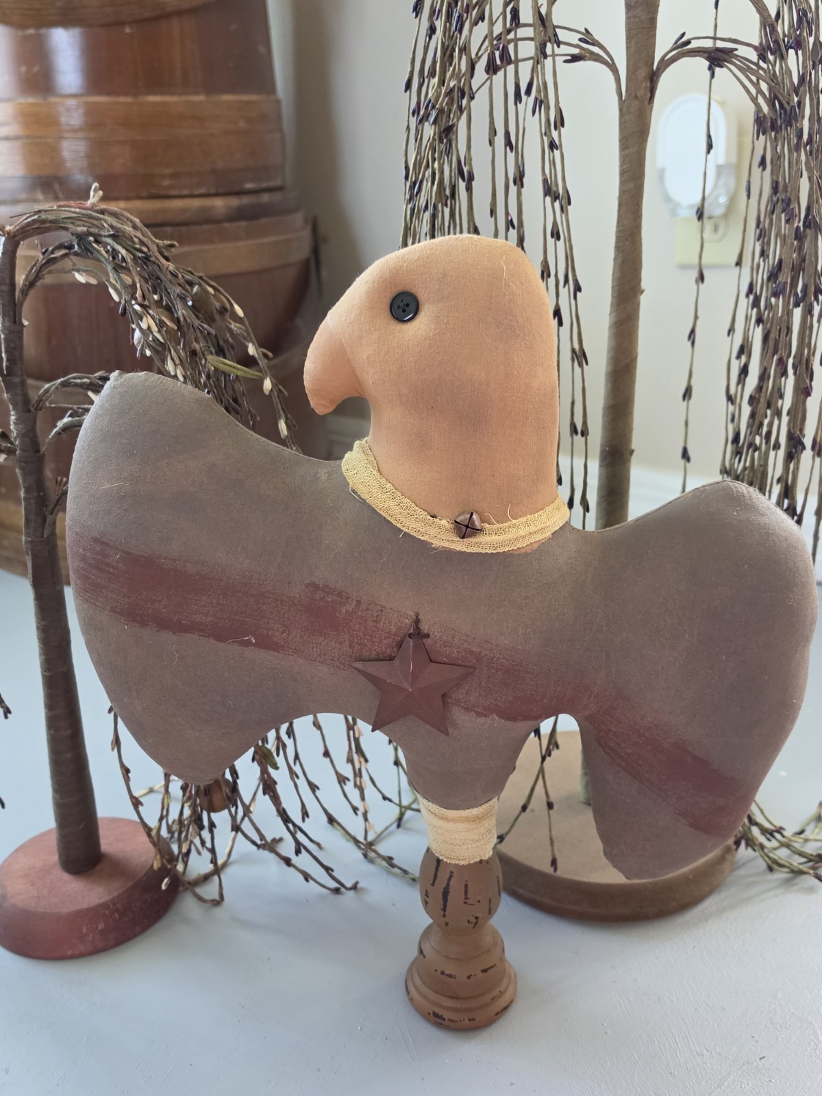PRIMITIVE Eagle Patriotic Fabric/Wood Figure w/Metal Bell Star 15”