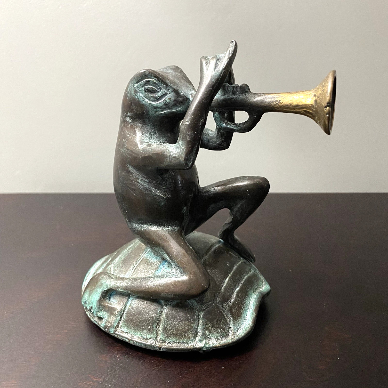Vintage Brass Metal Frog With Trumpet On Turtle Shell Statue Figurine 5″ Tall