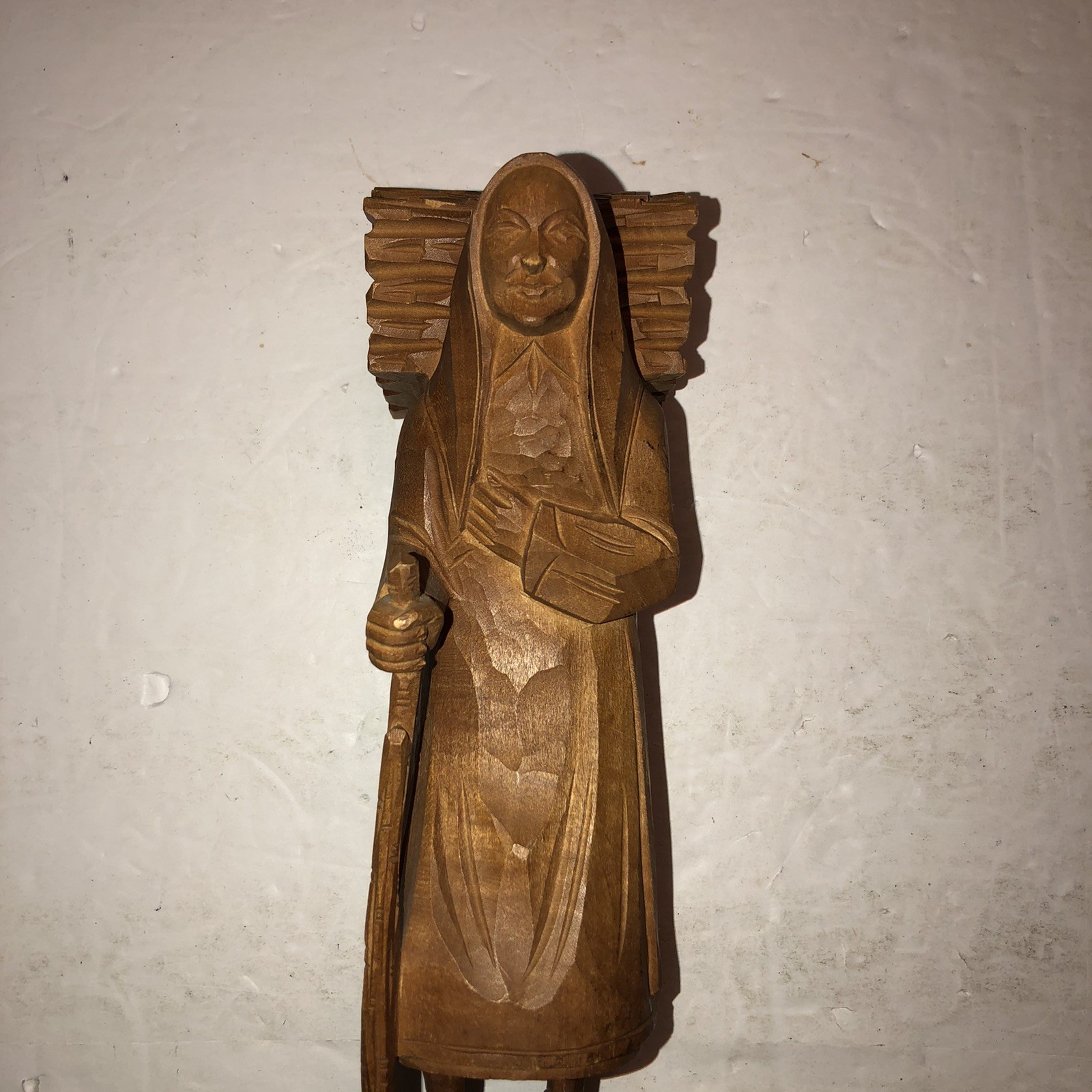 Wood Carved Older Peasant Woman Carrying Firewood Figurine Folk Art Stick Cane