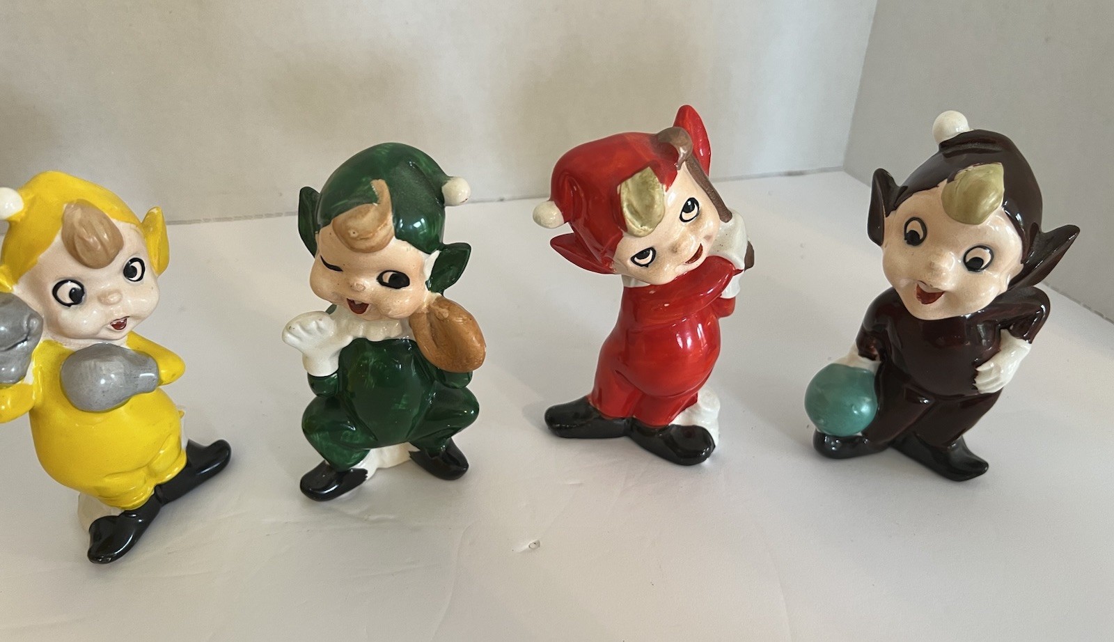 Vintage Japan Set Of 4 HTF Pottery Elves Boxing, Bowling, Golf, Catcher