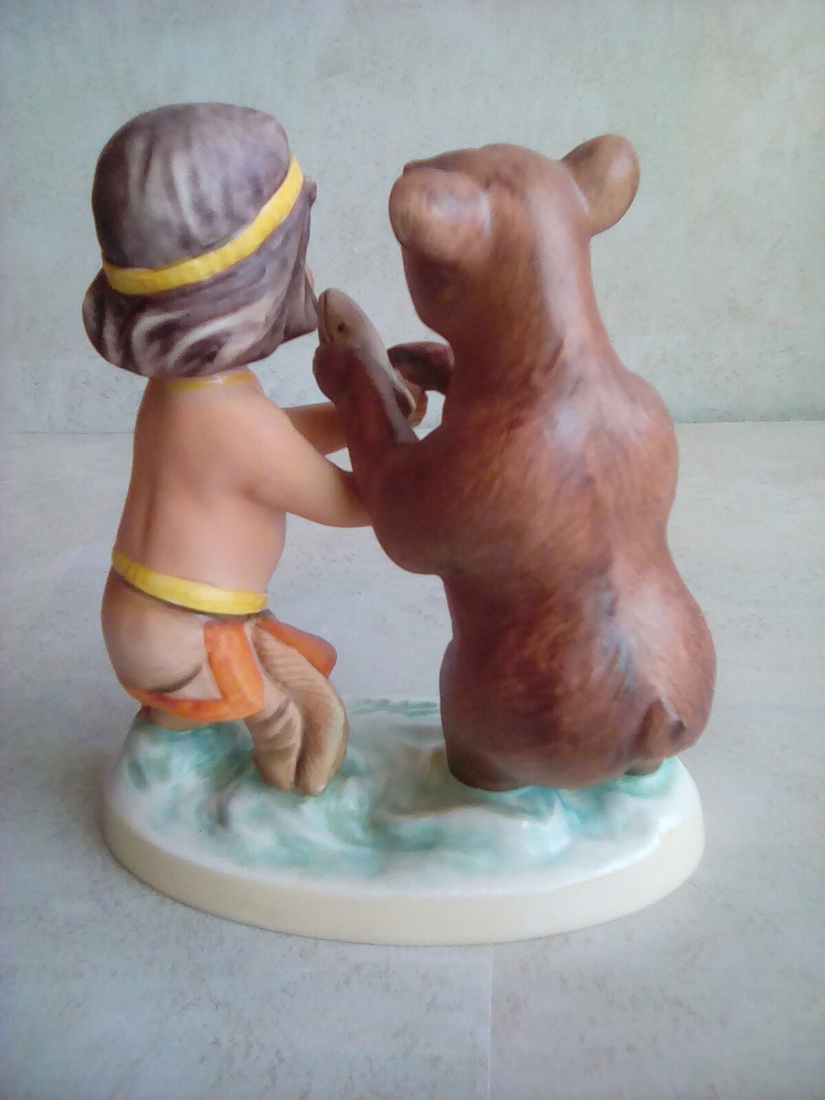 Goebel Hummel Bear and Native Boy WHO’S FISH? 5.5x5x3″ Germany Initialed MA 7d