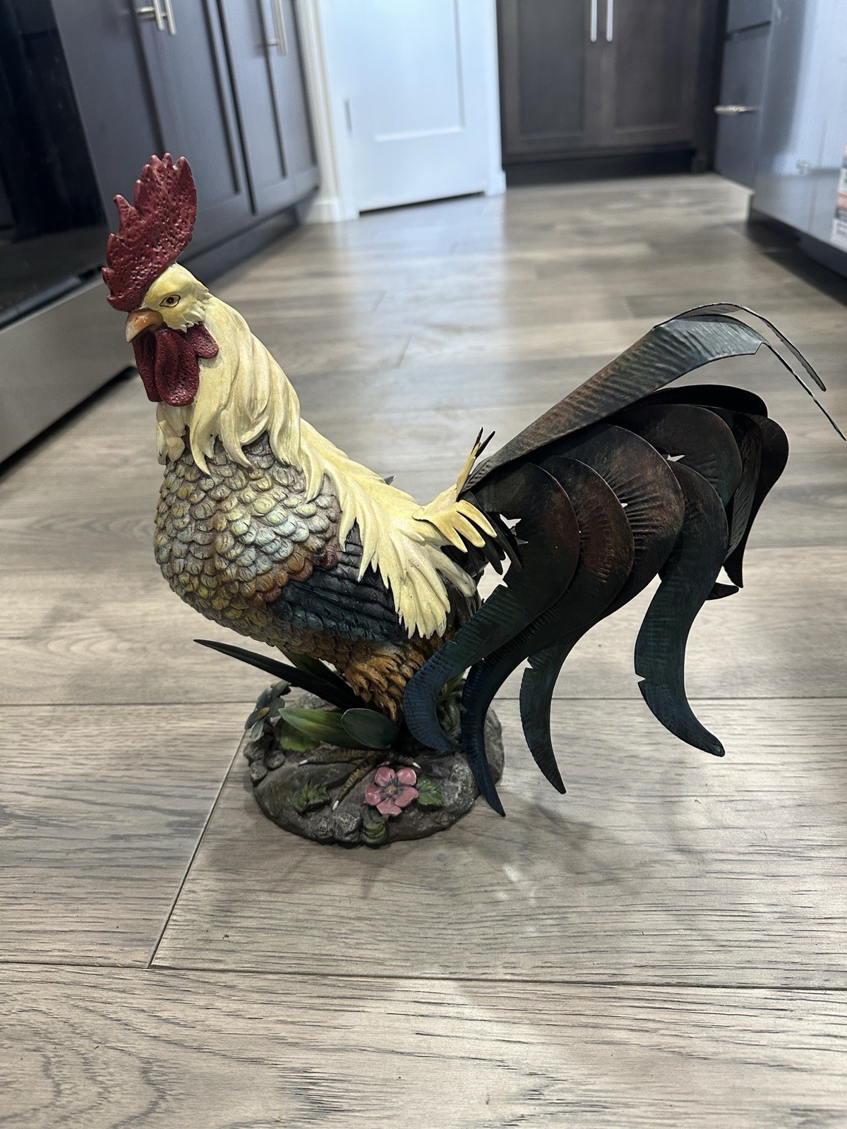 Vintage Resin Rooster Statue With Sheet Metal Tail Feathers Beautiful Piece