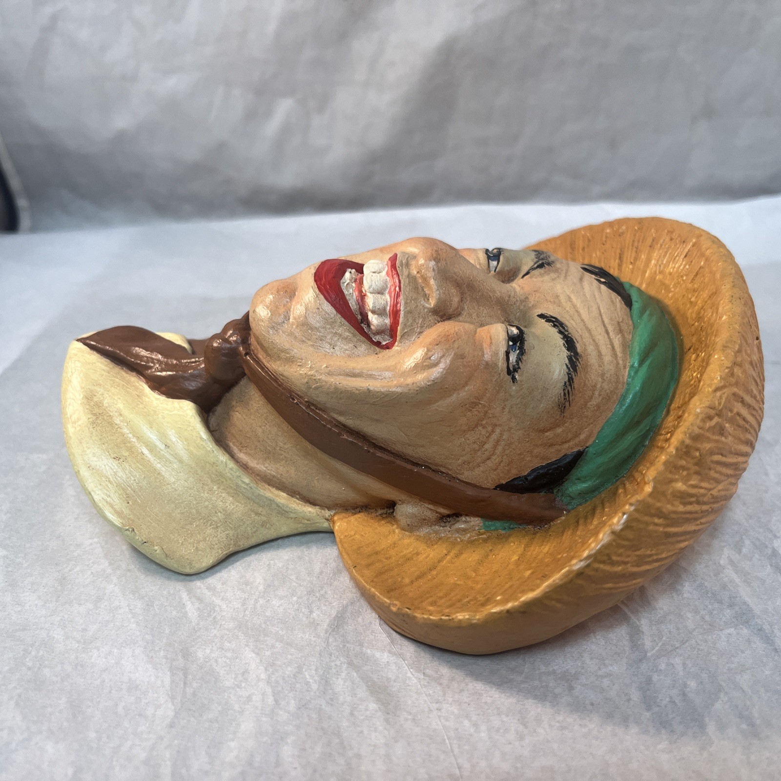 Hand Painted Orange Green Red Chalk Ware Smiling Asian Head Wall Ornament