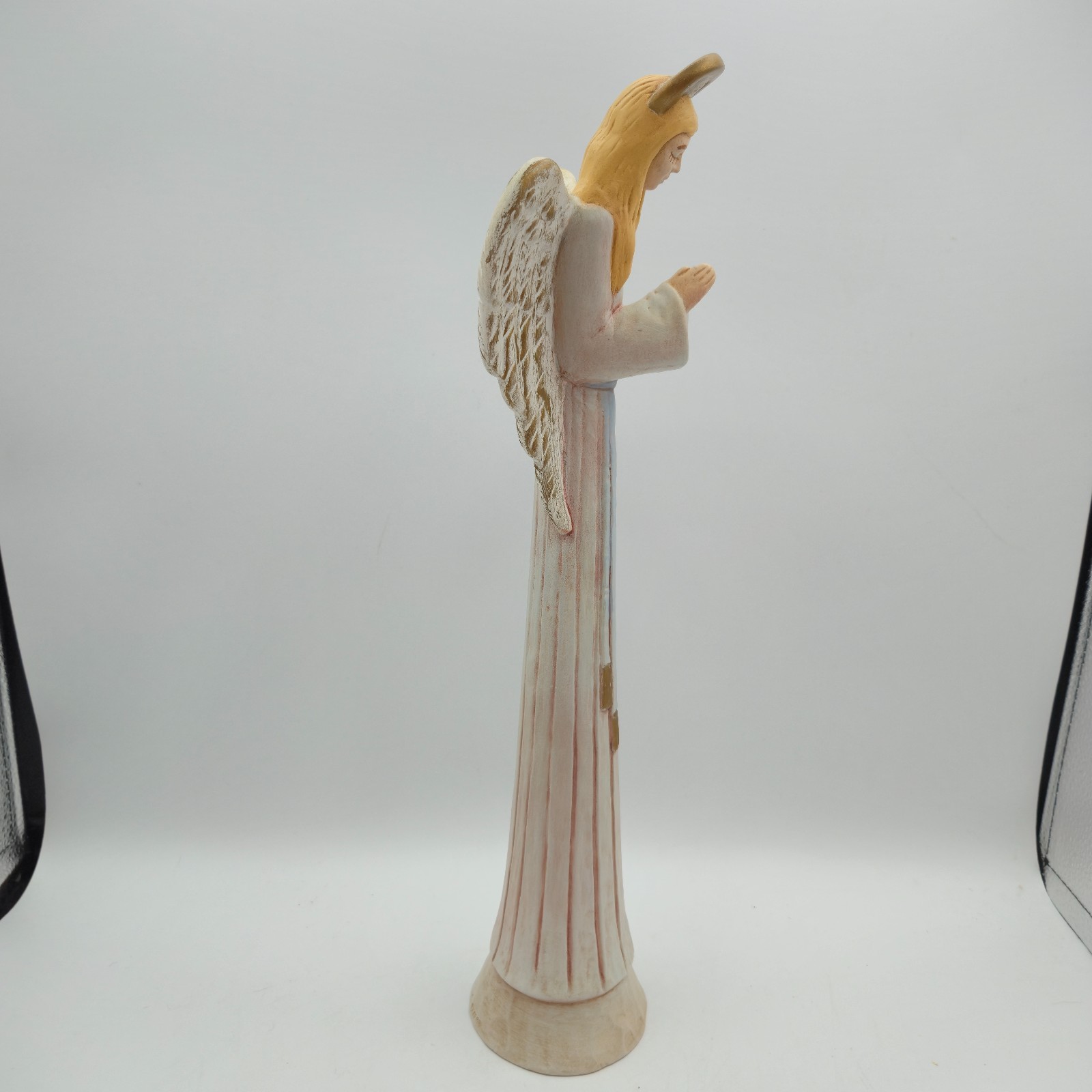 HANDMADE Signed Ceramic Angel Figurine 16in Tall Praying Angel Halo Dated 1995