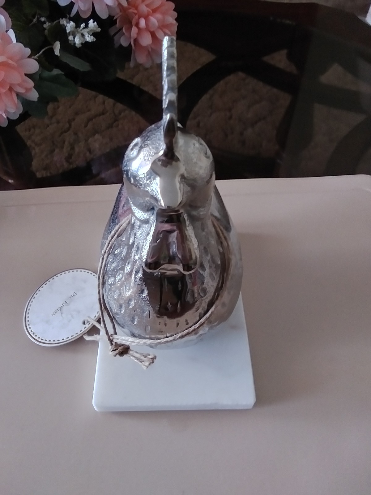 NEW 8″ SILVER TONE METAL ROOSTER FIGURINE on MARBLE BASE DEC. KITCHEN INDIA