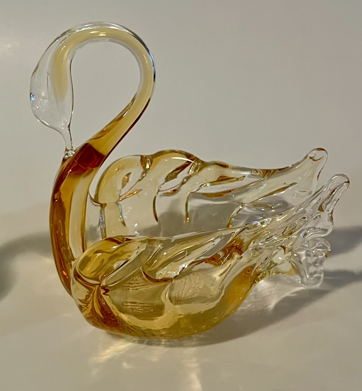 Swan Art Glass Amber & Clear Hand Blown Bird Feathers Elegant Vintage Beak