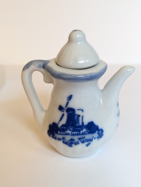 Miniature Porcelain Blue and White Windmill Floral Tea Set 10 Pcs
