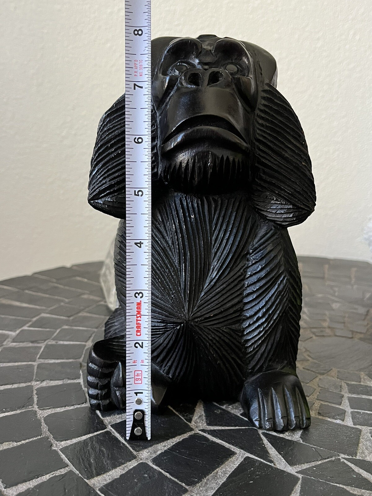 Hand Carved Black Solid Wood ~ Wise Monkeys Hear No Evil Statue 8.25 x 4.5 x 5.5
