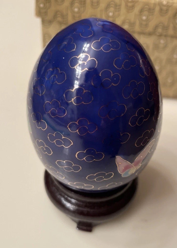 Vintage Cloisonne Egg-Hand Painted Blue Floral/Butterflies Porcelain -Wood Stand