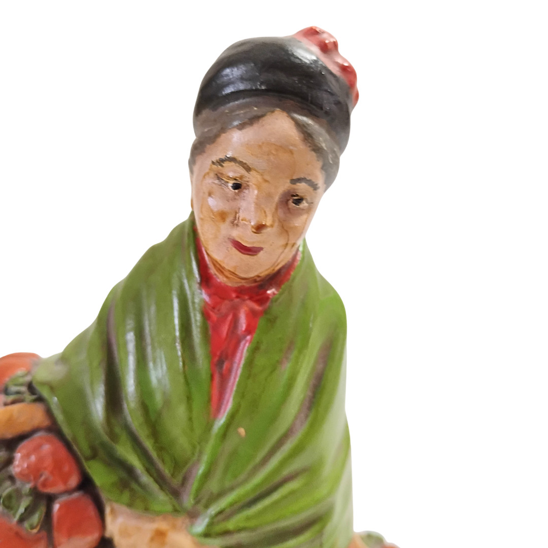 Vtg Wood Carving | Old Woman Carrying Apple Baskets | 8″ | Numbered on Bottom