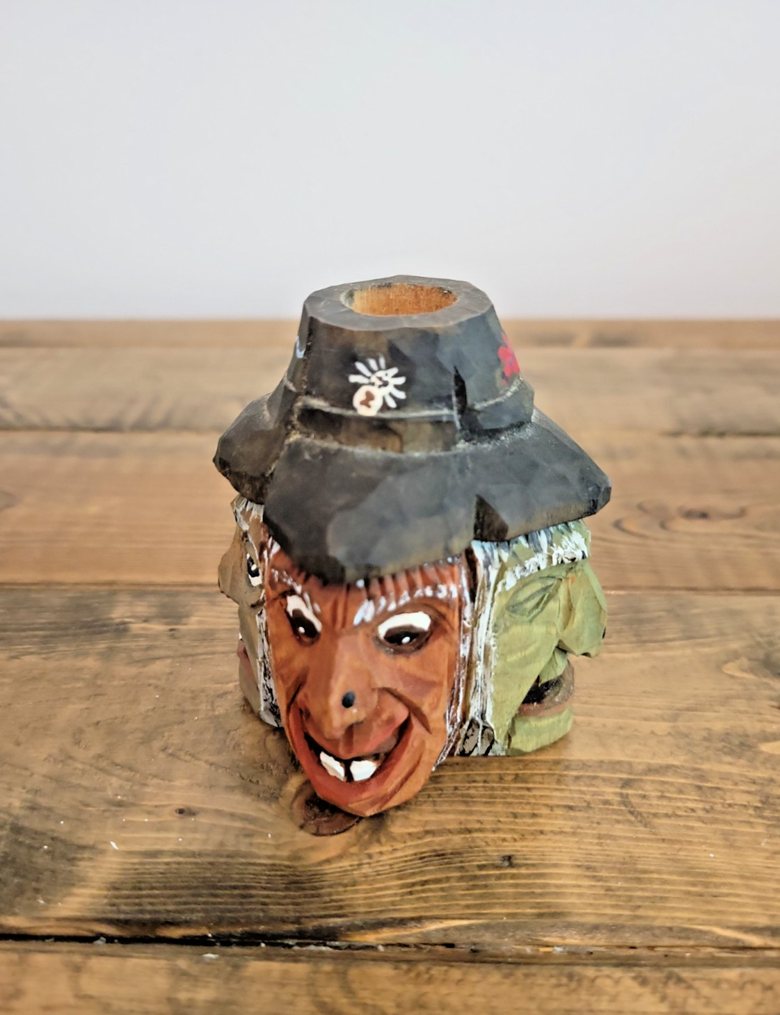 VTG Hand Carved Wood Toothpick or Candle Holder – Folkart, Witches, Halloween