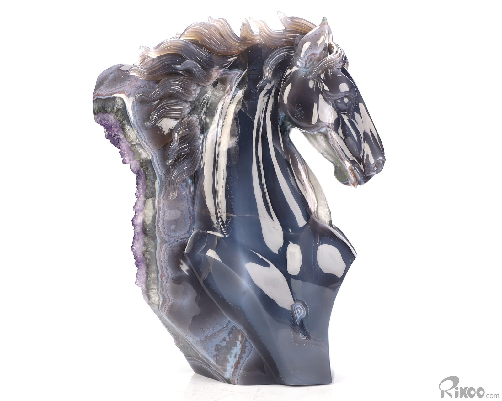 9.8″ Agate Amethyst Geode Hand Carved Crystal Horse Sculpture, Crystal Healing