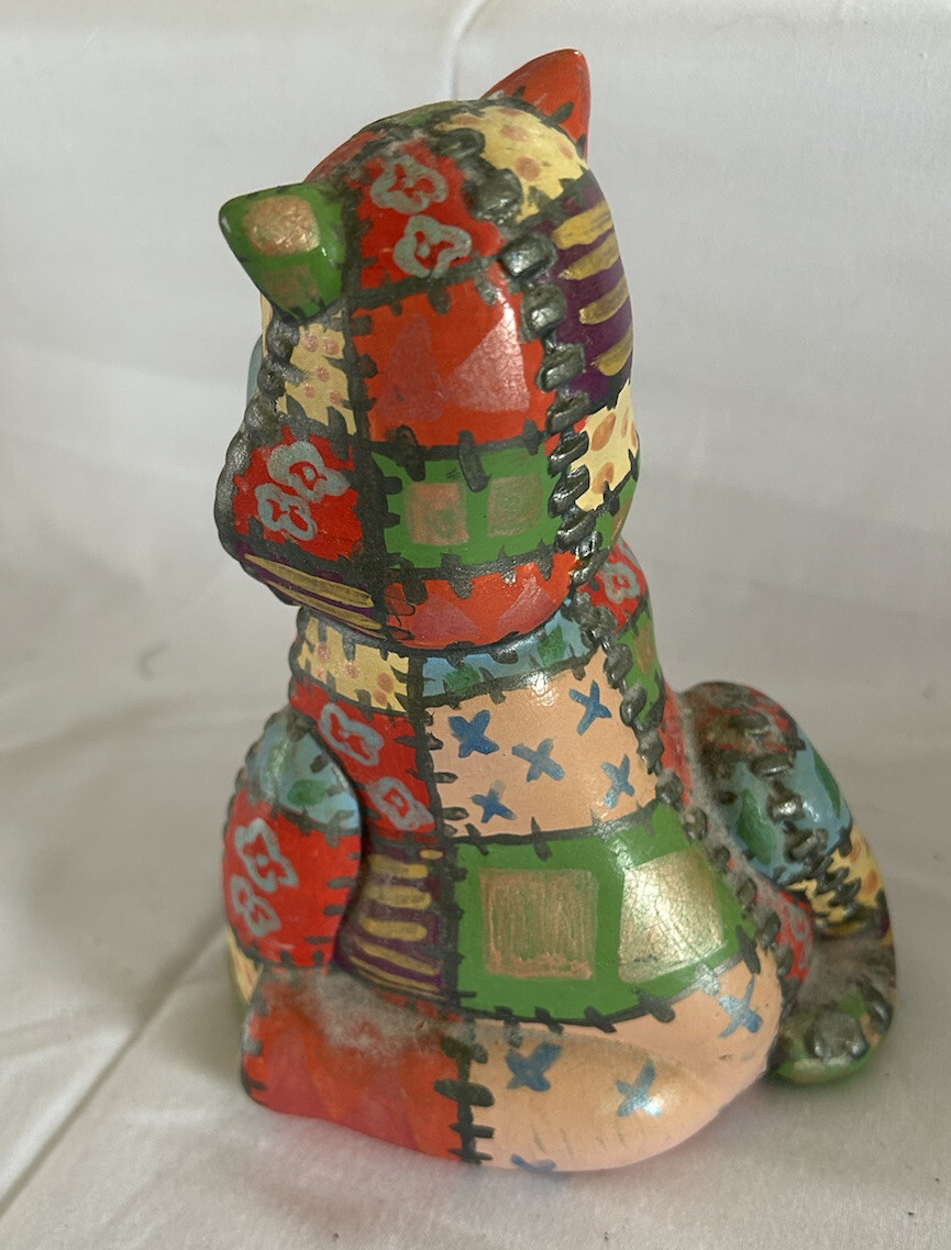 Vintage Folk Art Cat Colorful Patchwork Hand painted Ceramic Figurine 6.5 inch
